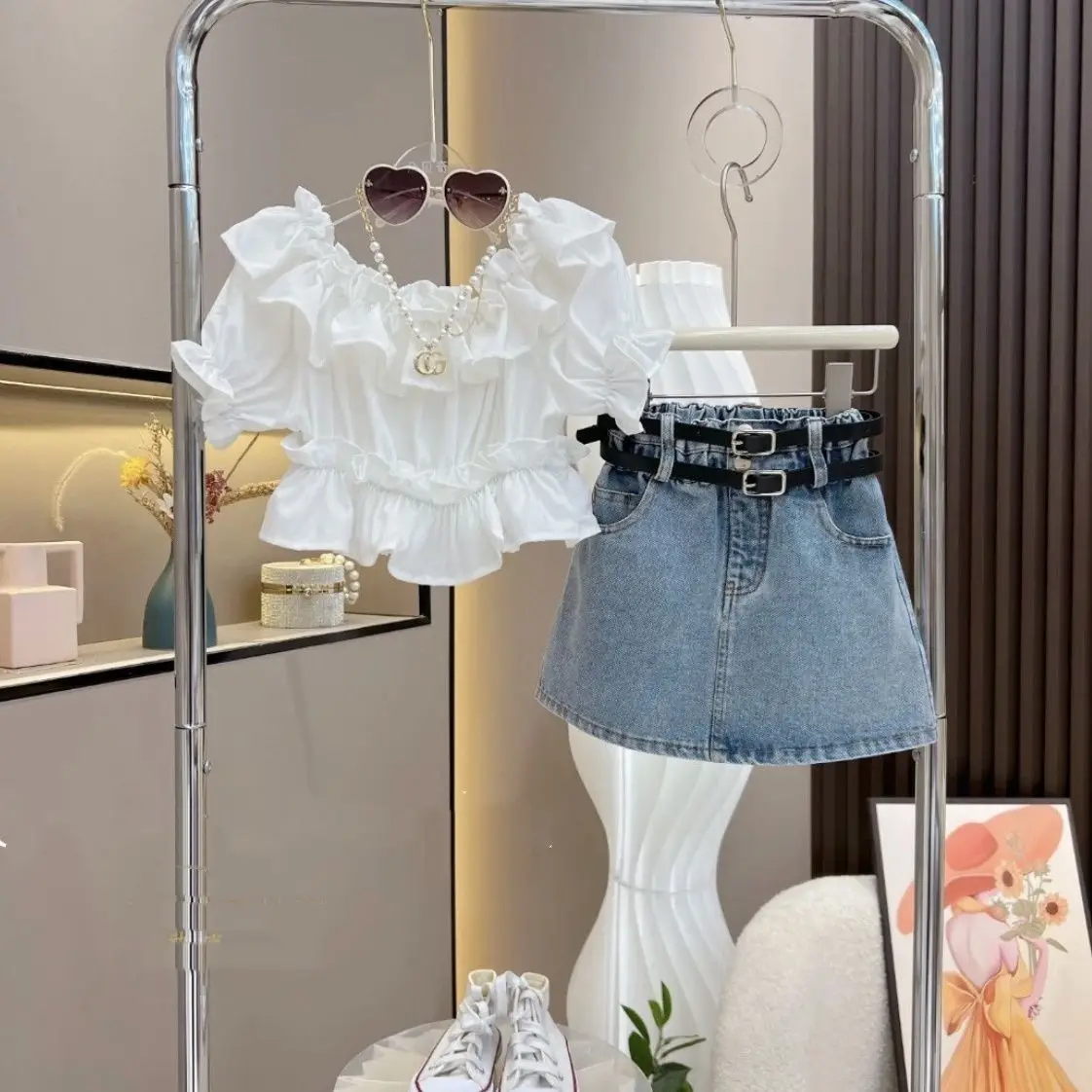 Ancorelala Girls Ruffled Top & Denim Skirt Set Pink — feature 2