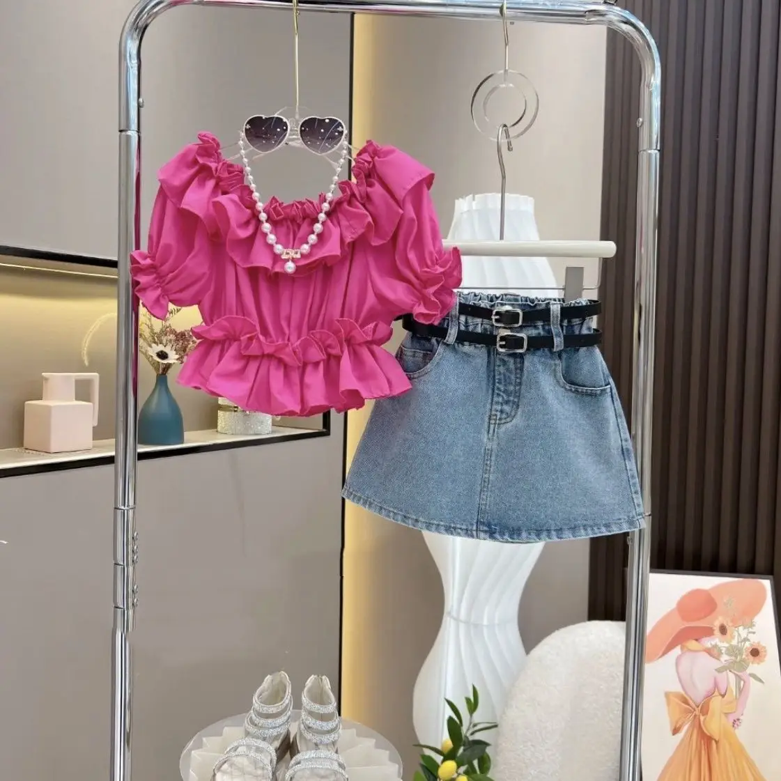 Ancorelala Girls Ruffled Top & Denim Skirt Set Pink — feature 4