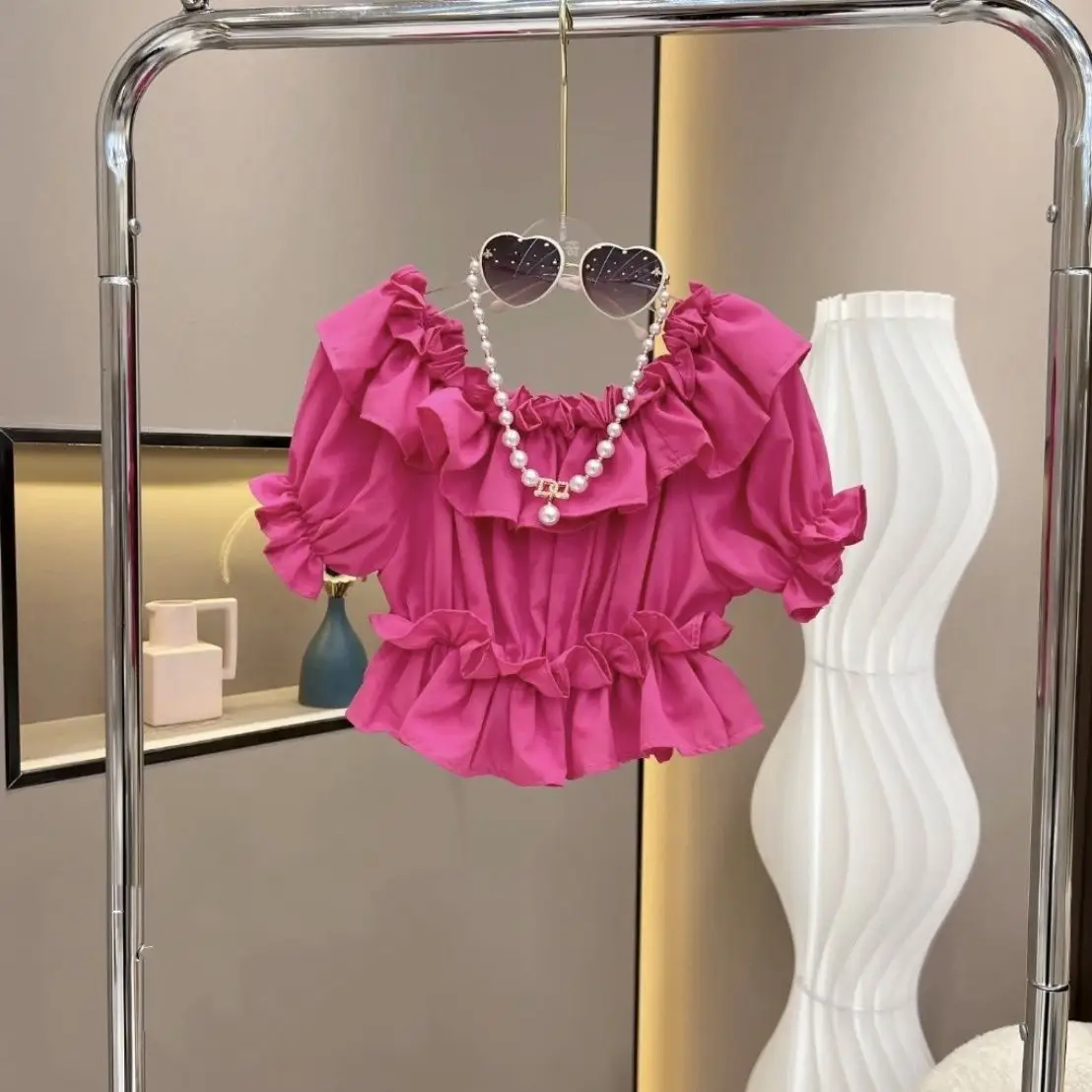 Ancorelala Girls Ruffled Top & Denim Skirt Set Pink — feature 6