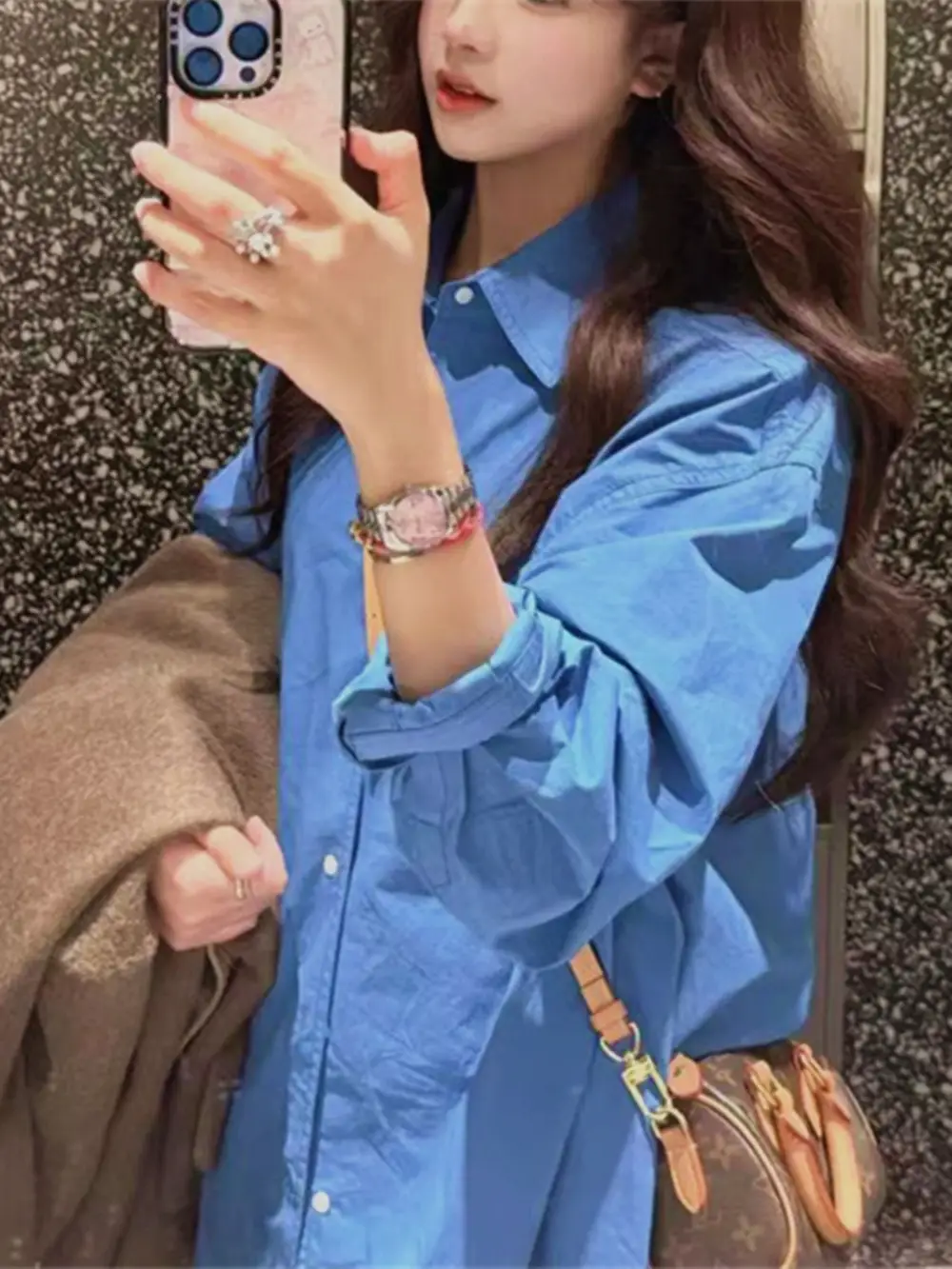 Korean high-end blue shirt jacket women's spring and summer loose long sleeve temperament lazy wind shirt wholesale
