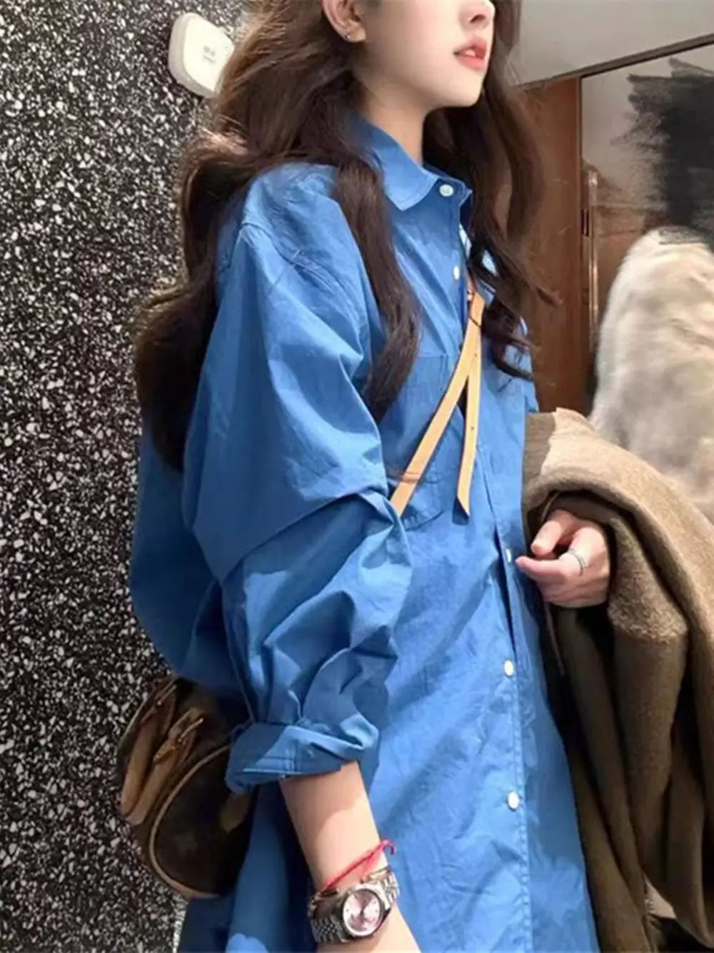 Korean high-end blue shirt jacket women's spring and summer loose long sleeve temperament lazy wind shirt wholesale