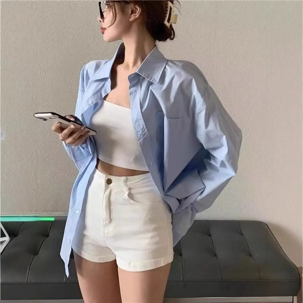 Korean high-end blue shirt jacket women's spring and summer loose long sleeve temperament lazy wind shirt wholesale