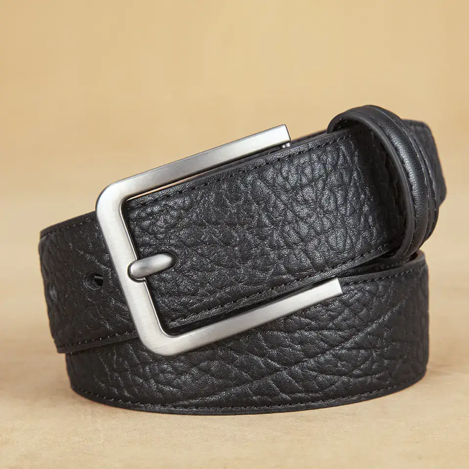 Men Genuine Leather Pin Buckle Belt Black - Image 2