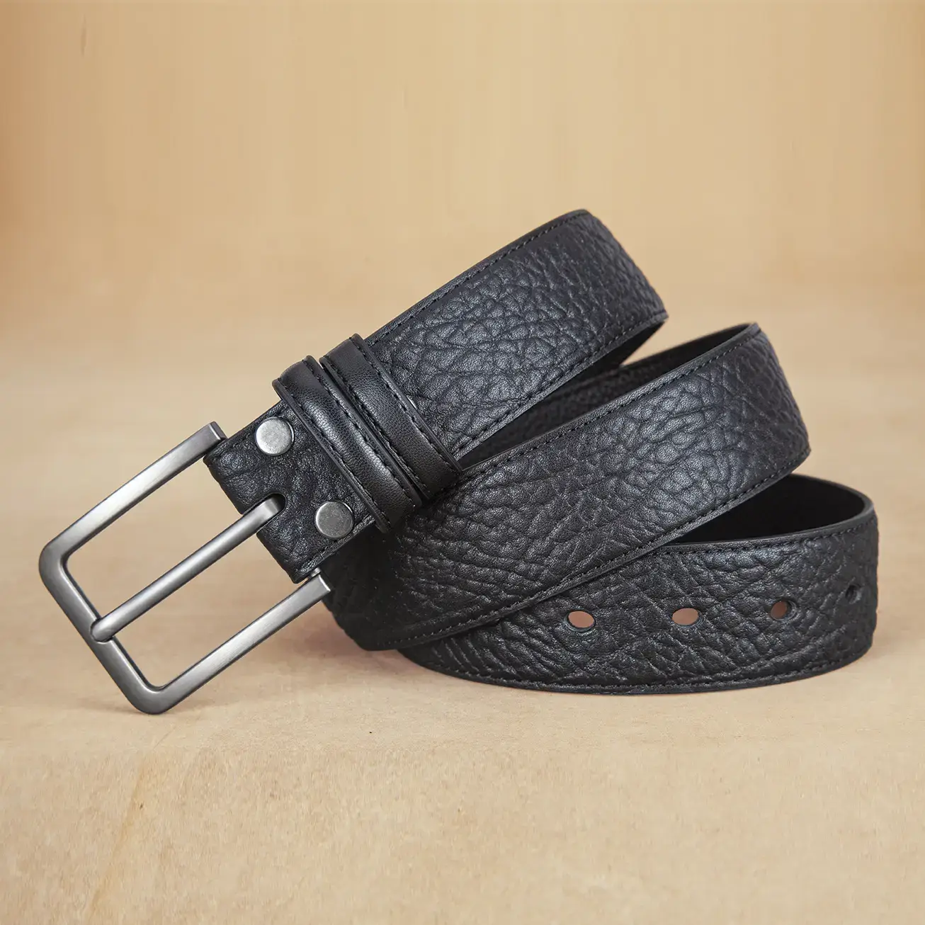 Men Genuine Leather Pin Buckle Belt Black - Image 4