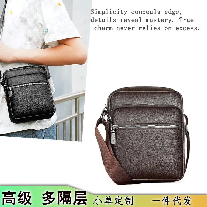 Men's Pebbled Leather Crossbody Bag Black Multi-Compartment - Image 4