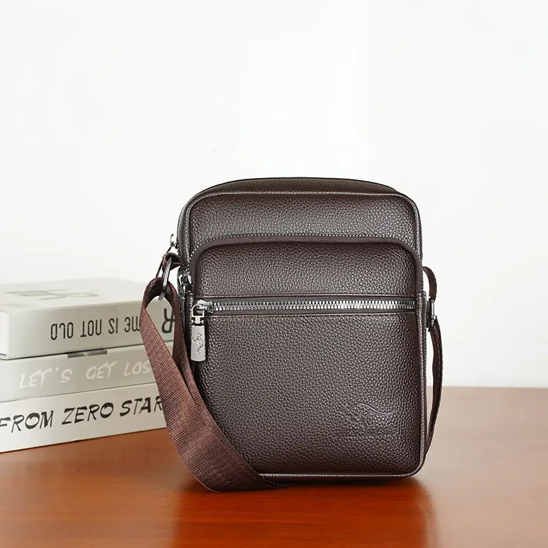 Men's Pebbled Leather Crossbody Bag Black Multi-Compartment - Image 5