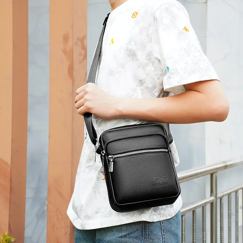 Men's Pebbled Leather Crossbody Bag Black Multi-Compartment - Image 6