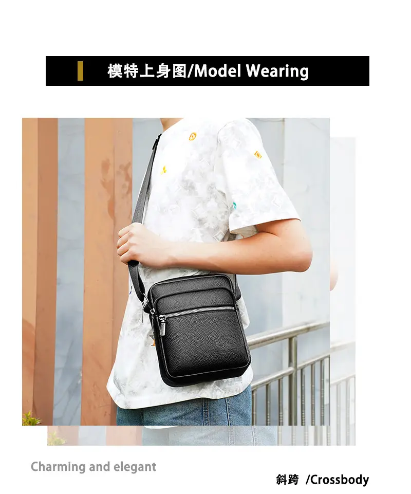 Men's Pebbled Leather Crossbody Bag Black Multi-Compartment — feature 11