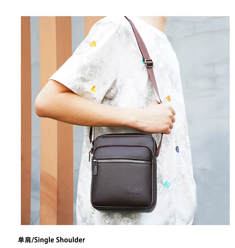 Men's Pebbled Leather Crossbody Bag Black Multi-Compartment — feature 12
