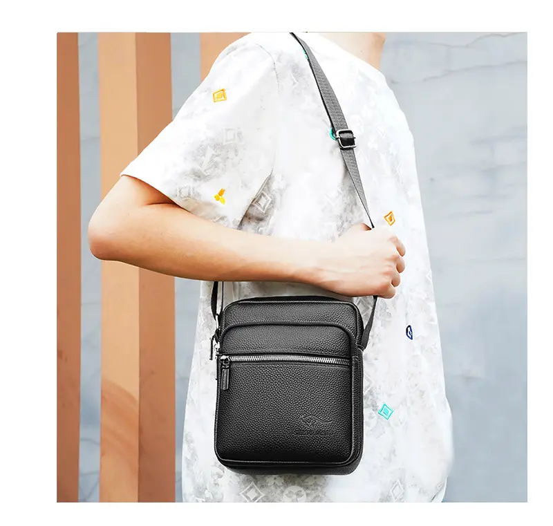 Men's Pebbled Leather Crossbody Bag Black Multi-Compartment — feature 13