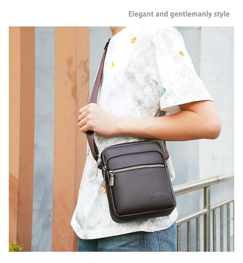 Men's Pebbled Leather Crossbody Bag Black Multi-Compartment — feature 14
