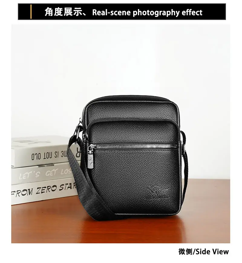 Men's Pebbled Leather Crossbody Bag Black Multi-Compartment — feature 6