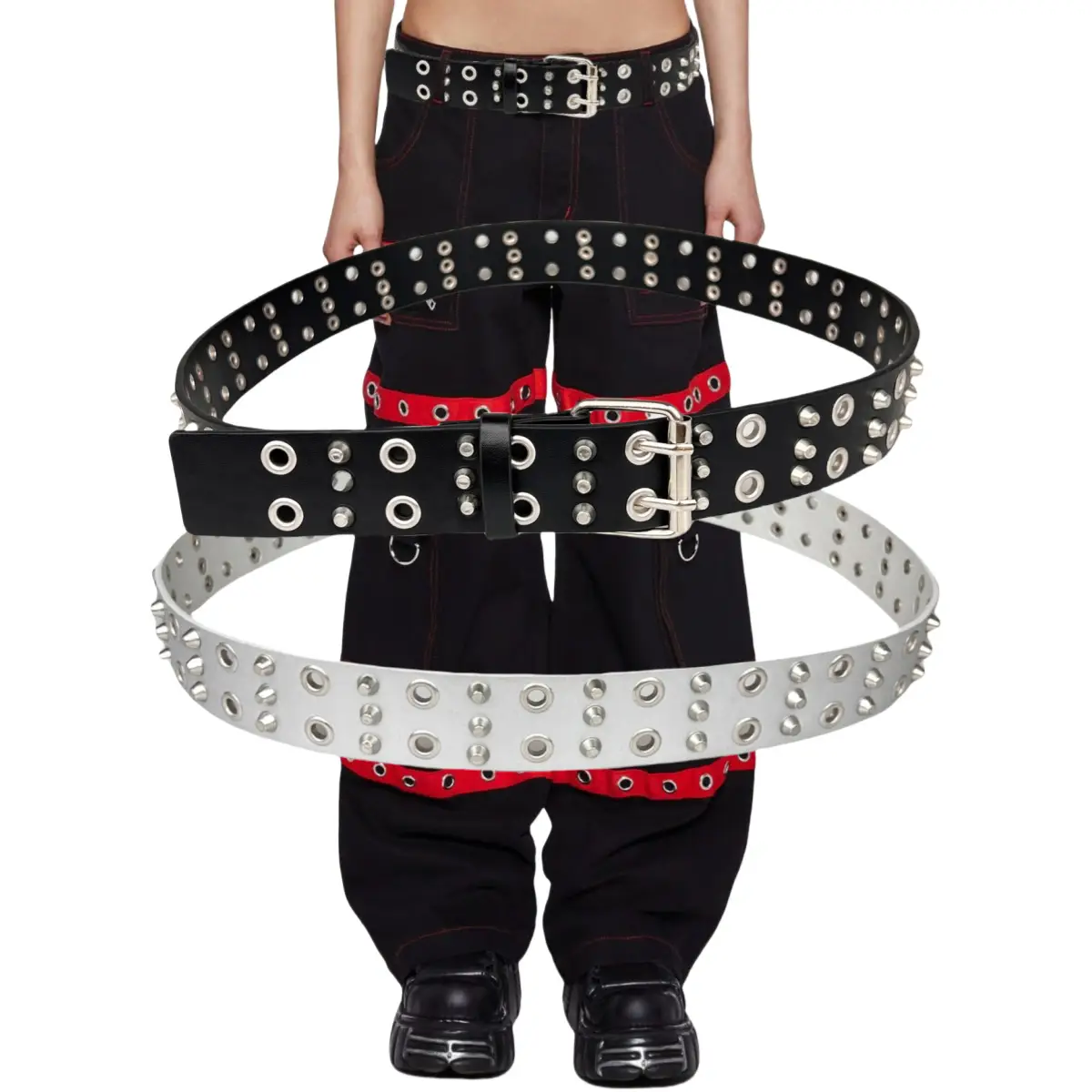 Black Rivet Belt for Men with Double Buckle - Image 4