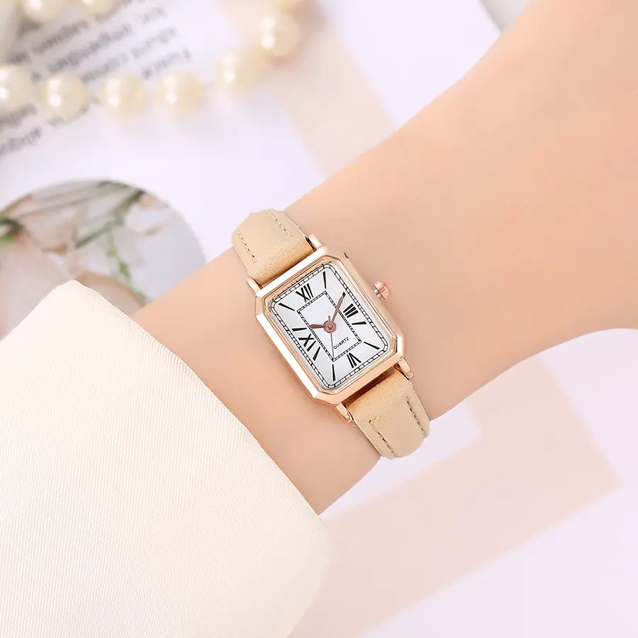 Women's Pink Leather Square Quartz Watch - Image 8