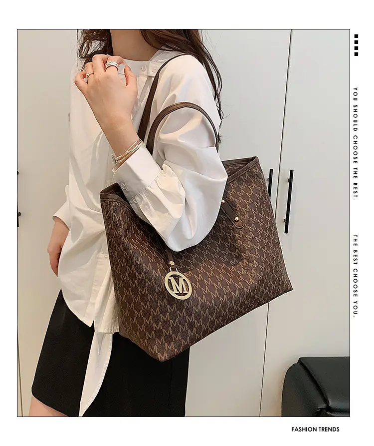 Women's Rhombus Printed Tote Bag Large Brown Leather — feature 1