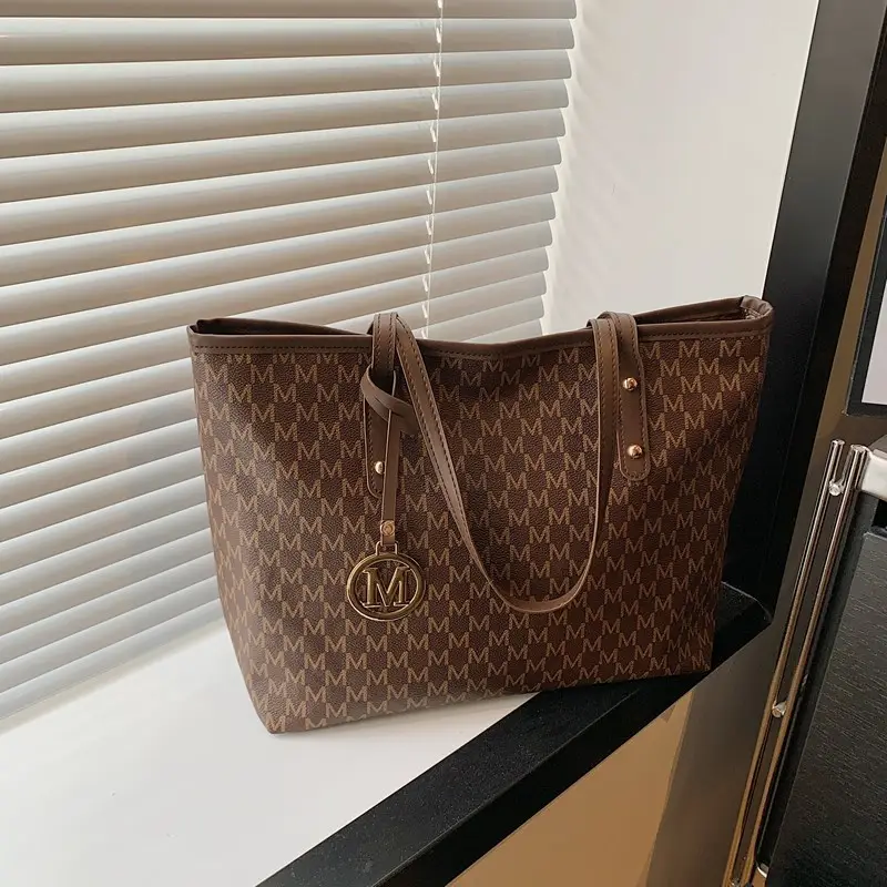 Women's Rhombus Printed Tote Bag Large Brown Leather - Image 4