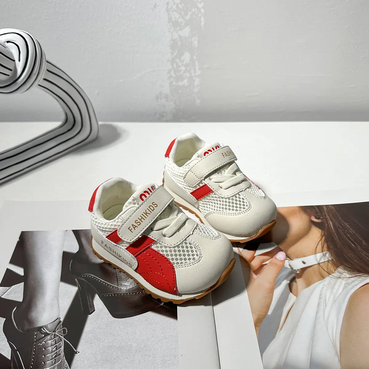 Kids Casual Sneakers White Red Strap Toddler Shoes - Image 5