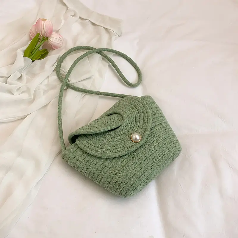 Women's Light Blue Woven Crossbody Bag with Pearl Accents - Image 3