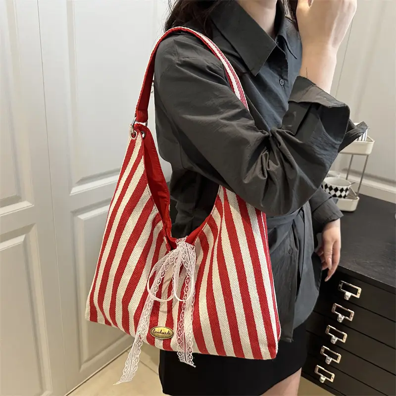 Summer Striped Canvas Tote Bag Double Sided Commuter Shoulder Bag - Image 3