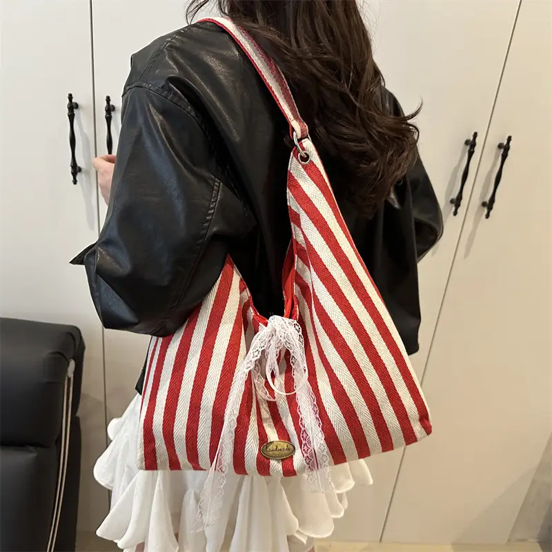 Summer Striped Canvas Tote Bag Double Sided Commuter Shoulder Bag - Image 5