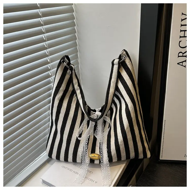 Summer Striped Canvas Tote Bag Double Sided Commuter Shoulder Bag — feature 25