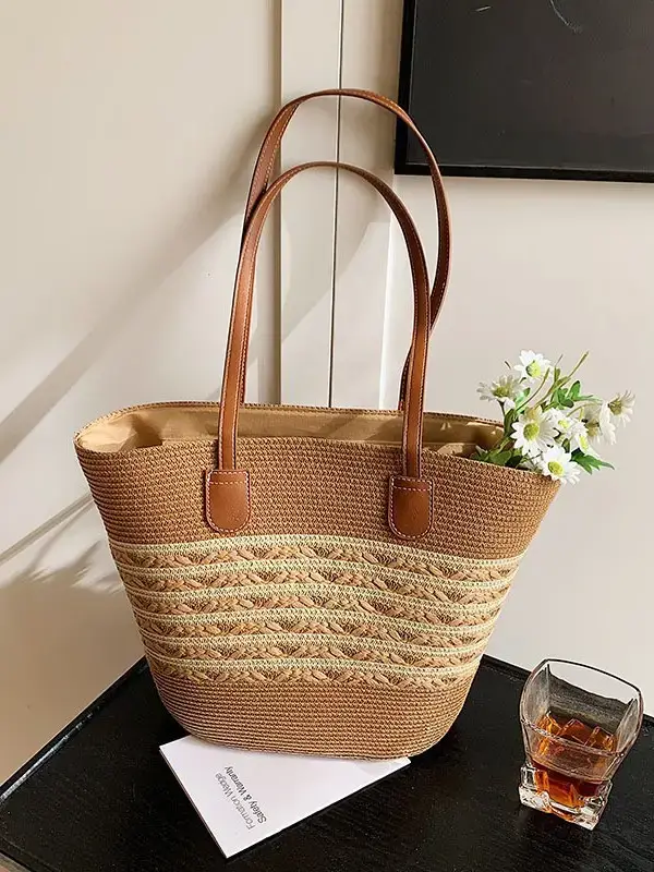 Women's Woven Straw Beach Bag Large Capacity Brown - Image 5