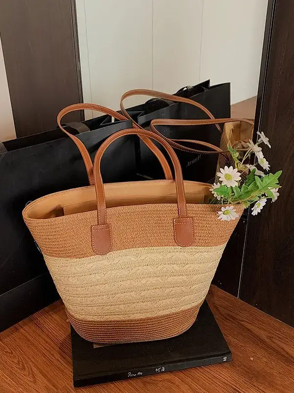 Women's Woven Straw Beach Bag Large Capacity Brown - Image 6