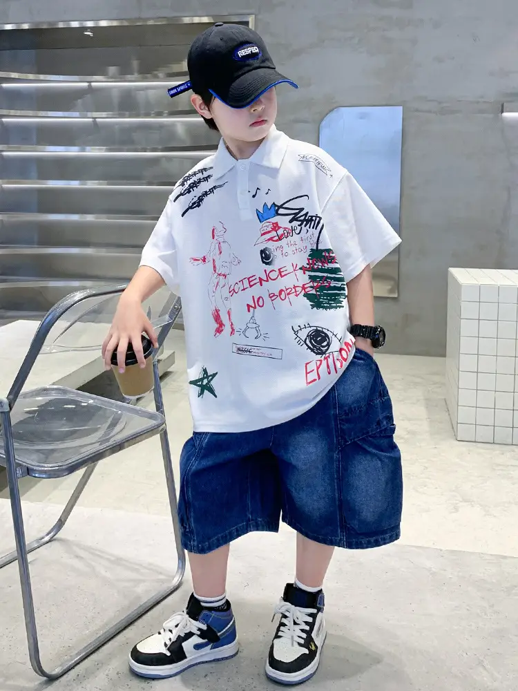 Summer Boys Denim Shorts T-Shirt Set for Teenagers
