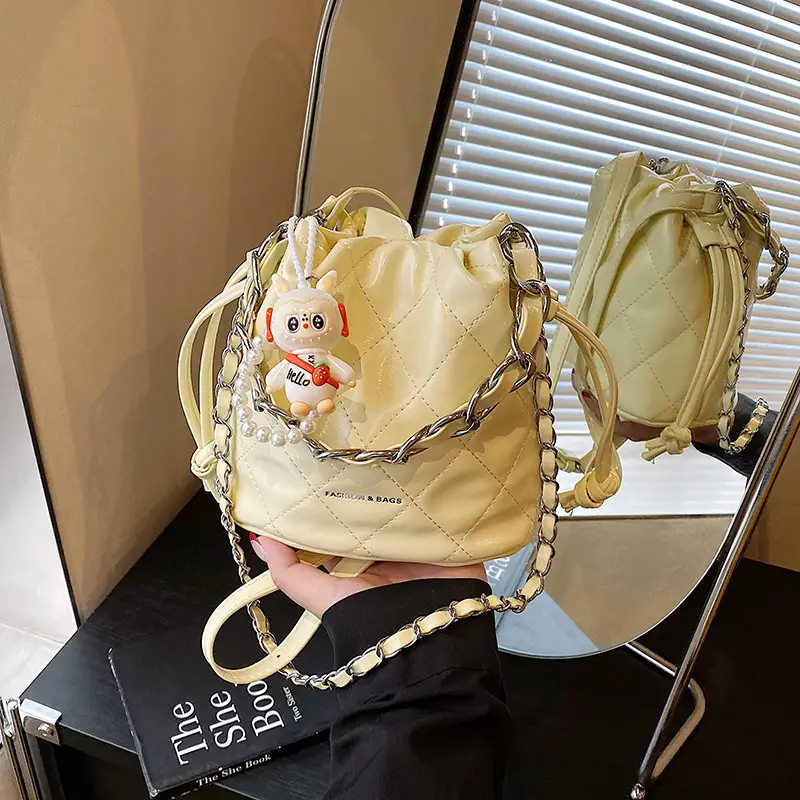 Women Pleated Bucket Bag with Diamond Embroidery Yellow