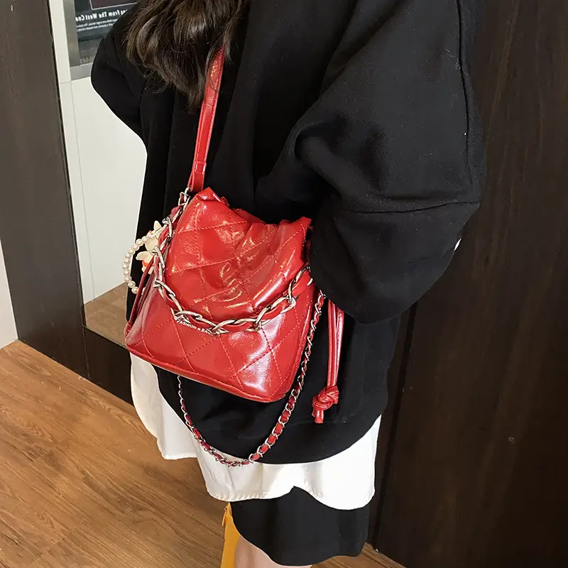 Women Pleated Bucket Bag with Diamond Embroidery Yellow