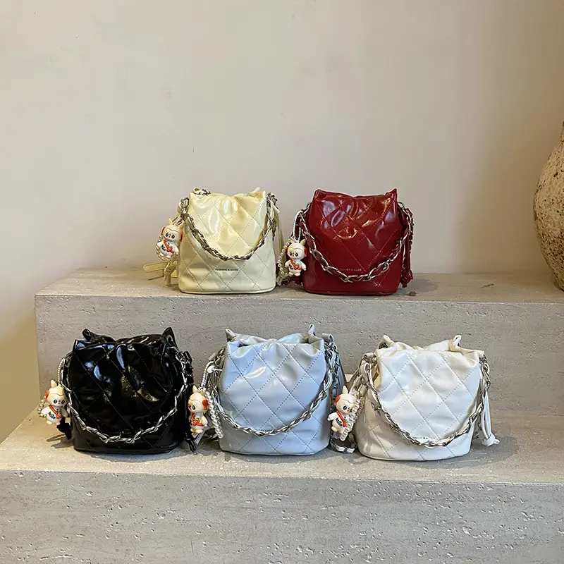 Women Pleated Bucket Bag with Diamond Embroidery Yellow