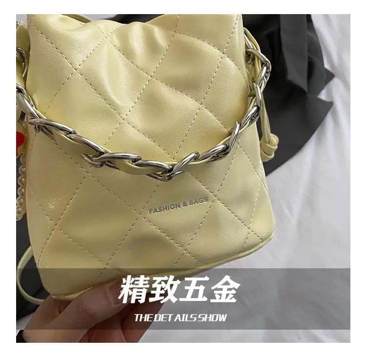 Women Pleated Bucket Bag with Diamond Embroidery Yellow — feature 12