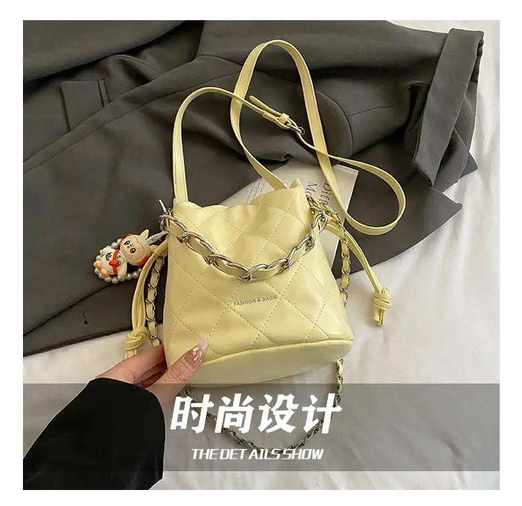 Women Pleated Bucket Bag with Diamond Embroidery Yellow — feature 13