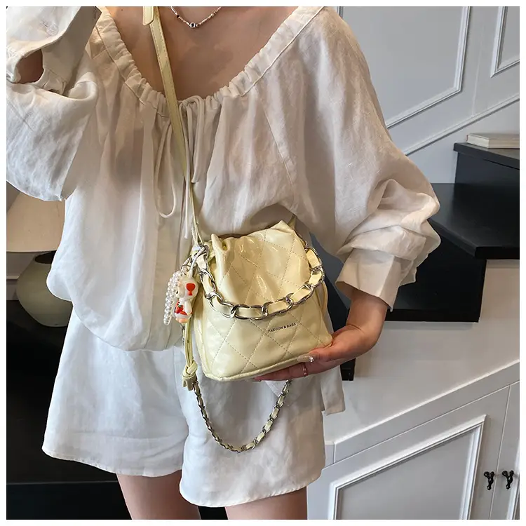 Women Pleated Bucket Bag with Diamond Embroidery Yellow — feature 15