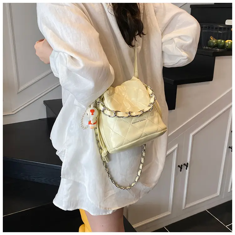 Women Pleated Bucket Bag with Diamond Embroidery Yellow — feature 16