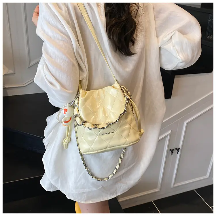 Women Pleated Bucket Bag with Diamond Embroidery Yellow — feature 17