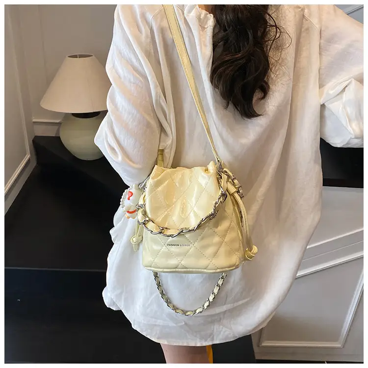 Women Pleated Bucket Bag with Diamond Embroidery Yellow — feature 18