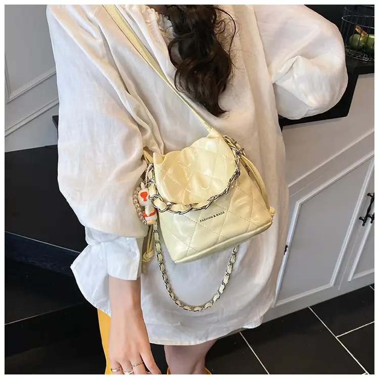 Women Pleated Bucket Bag with Diamond Embroidery Yellow — feature 19