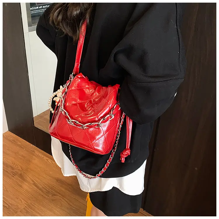 Women Pleated Bucket Bag with Diamond Embroidery Yellow — feature 22