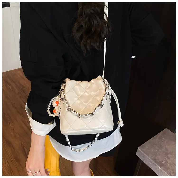 Women Pleated Bucket Bag with Diamond Embroidery Yellow — feature 25
