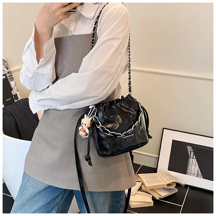 Women Pleated Bucket Bag with Diamond Embroidery Yellow — feature 30