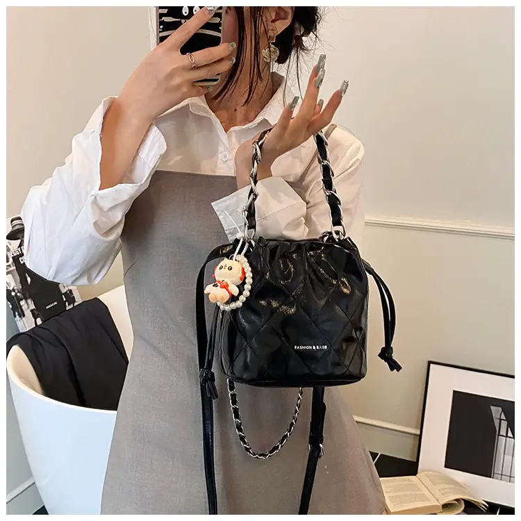 Women Pleated Bucket Bag with Diamond Embroidery Yellow — feature 31