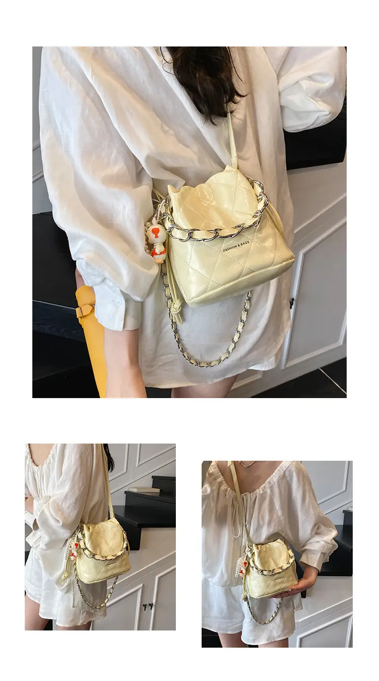 Women Pleated Bucket Bag with Diamond Embroidery Yellow — feature 8