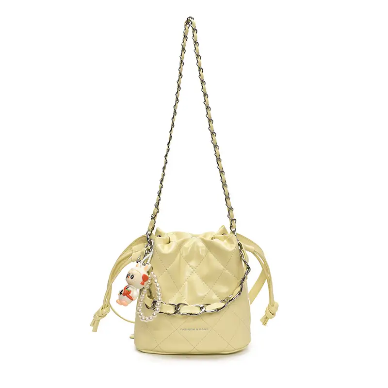 Women Pleated Bucket Bag with Diamond Embroidery Yellow
