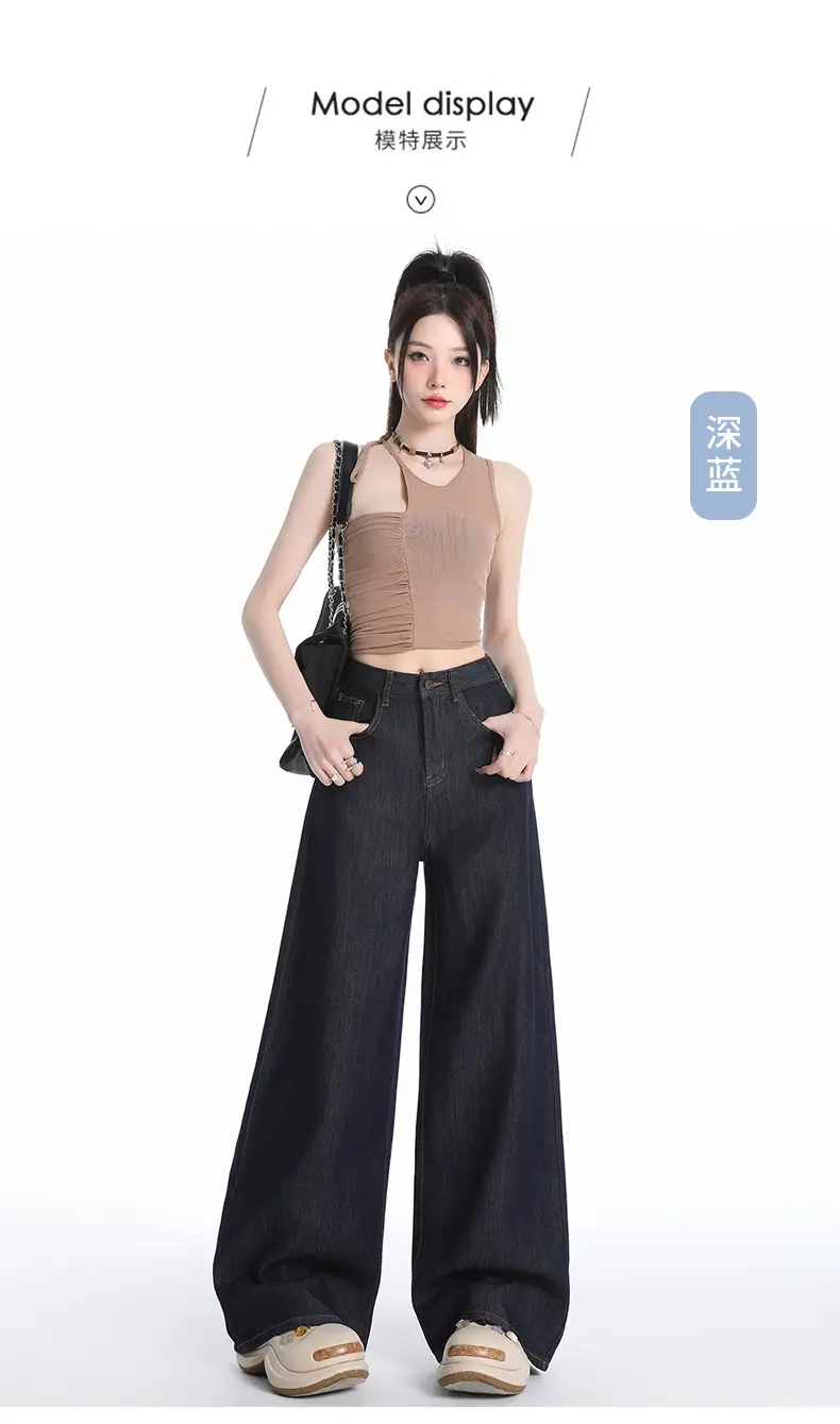Young Orange Tencel Wide Leg Jeans Dark Blue Loose Fit — feature 13