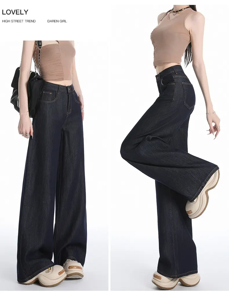 Young Orange Tencel Wide Leg Jeans Dark Blue Loose Fit — feature 14