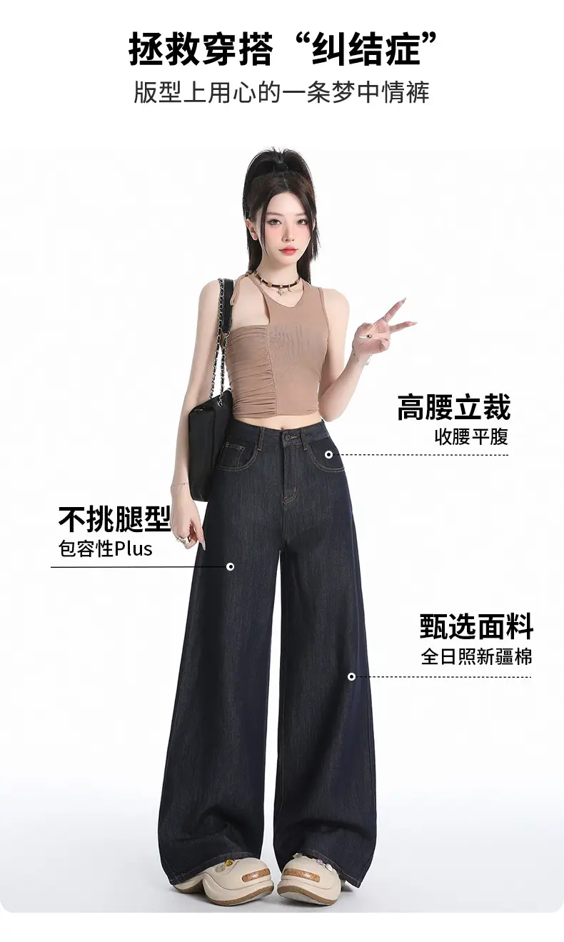Young Orange Tencel Wide Leg Jeans Dark Blue Loose Fit — feature 6
