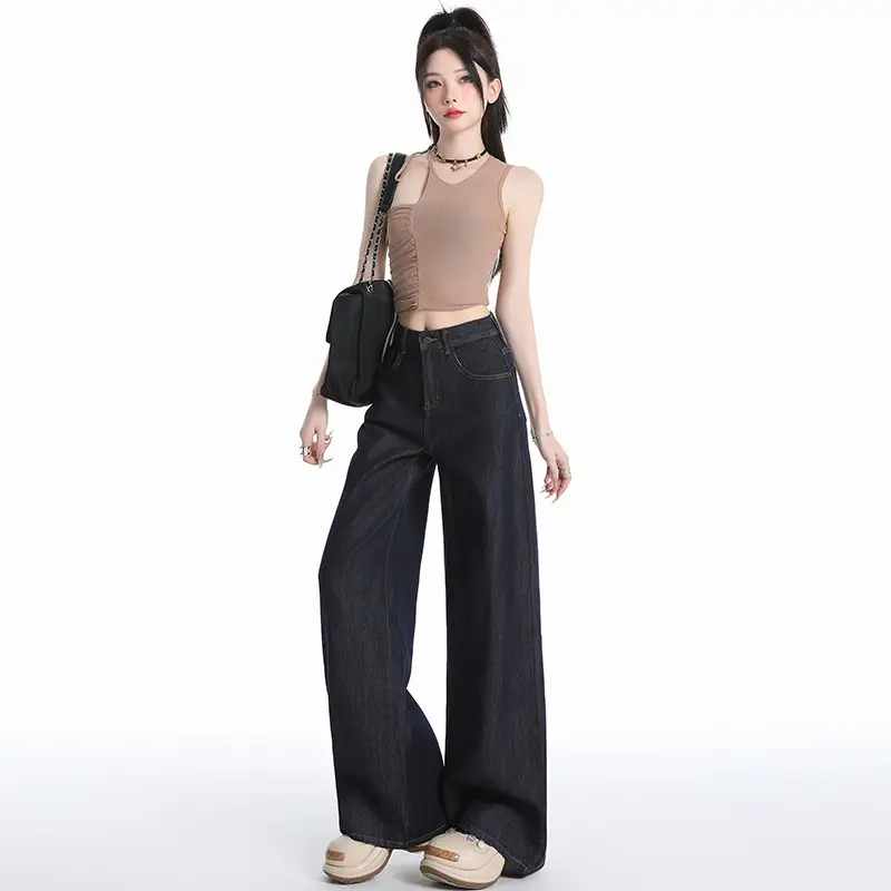 Young Orange Tencel Wide Leg Jeans Dark Blue Loose Fit