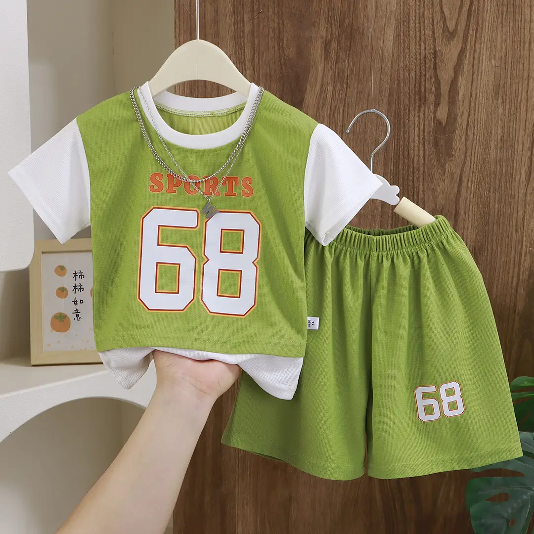 Children's Green Sports Jersey Shorts Set Boys Summer - Image 2