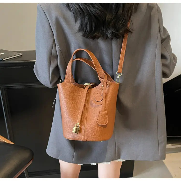 Women's Yellow Litchi Pattern Bucket Bag 2025 — feature 26